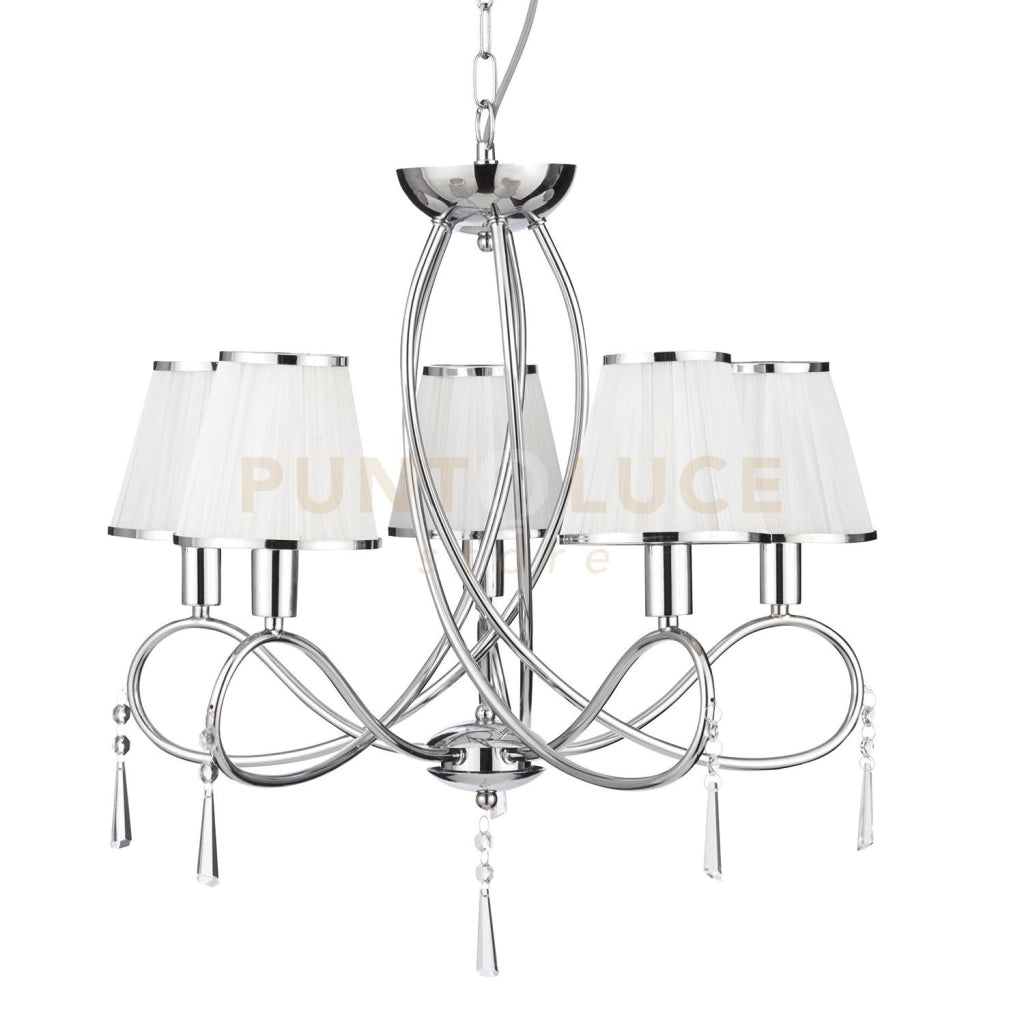 Simplicity 5Lt Pendant - Cromo, vetro trasparente e tessuto bianco