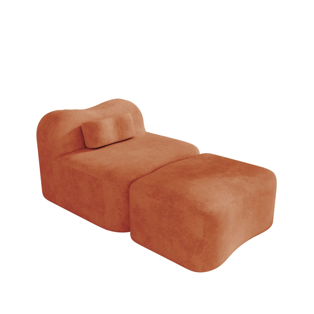 Divano modulare senza telaio con pouf collegabile, seduta profonda e cuscini ergonomici in velluto arancione