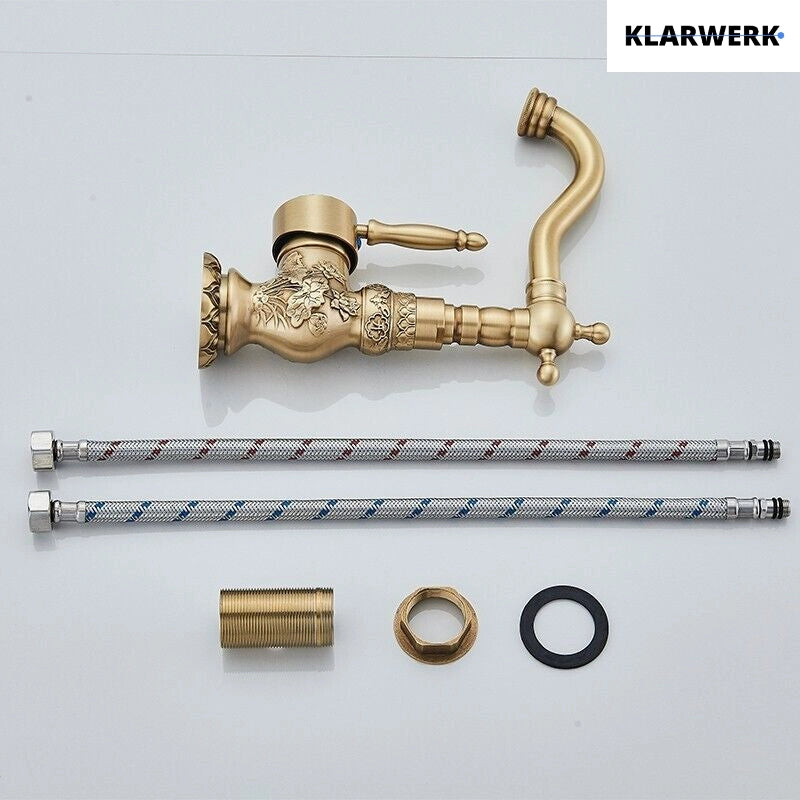 JULIAN | Rubinetto da bagno alto vintage in ottone dorato | Miscelatore retrò in acciaio inox per lavabo freestanding | con rubinetto gastronomico