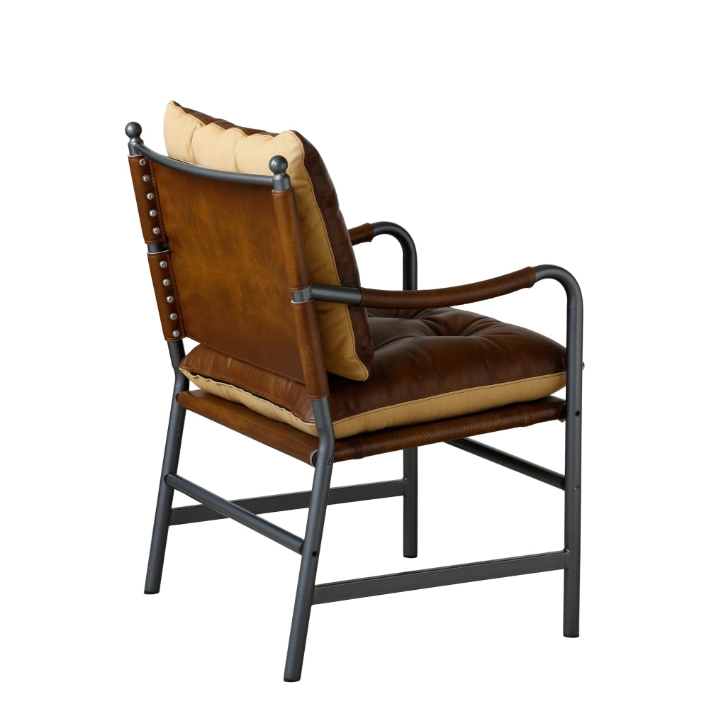 Poltrona con Braccioli, Design Retrò Moderno, Seduta per Soggiorno o Studio, in Pelle e Metallo, Marrone