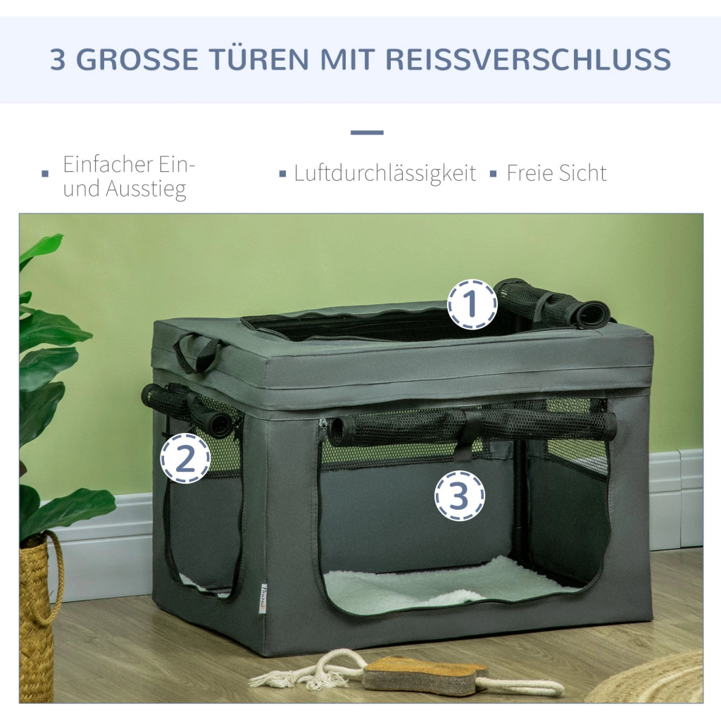 Casetta da trasporto pieghevole per cani e gatti ¨C zephmum ¨C grigio, 3 ingressi, interno imbottito, fino a 4 kg/40 cm