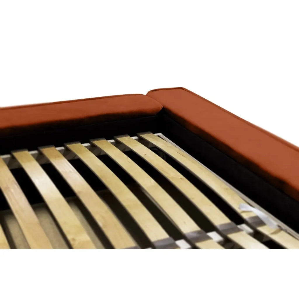 Letto contenitore VELORA – Terracotta – 140x200 cm – Tessuto velluto morbido – Rete sollevabile – Spazio di stoccaggio integrato