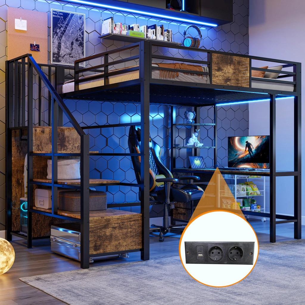 Letto a soppalco 140x200 con scrivania, ripiani, barra appendiabiti, LED e presa