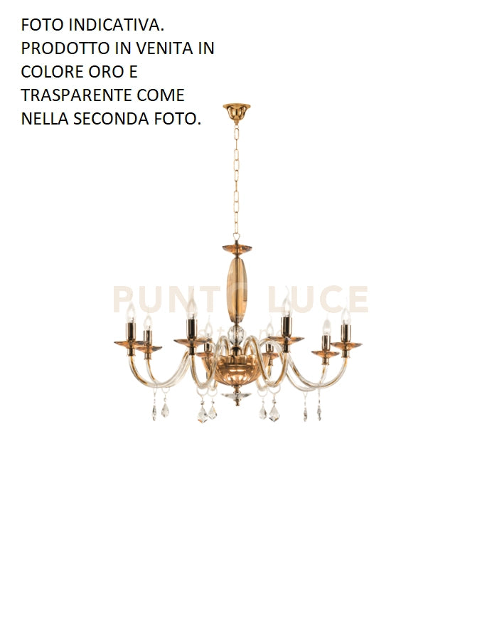 LAMPADARIO CECILIA 8 LUCI VETRO E CRISTALLO ORO E TRASPARENTE ATTACCO E14 D.85CM