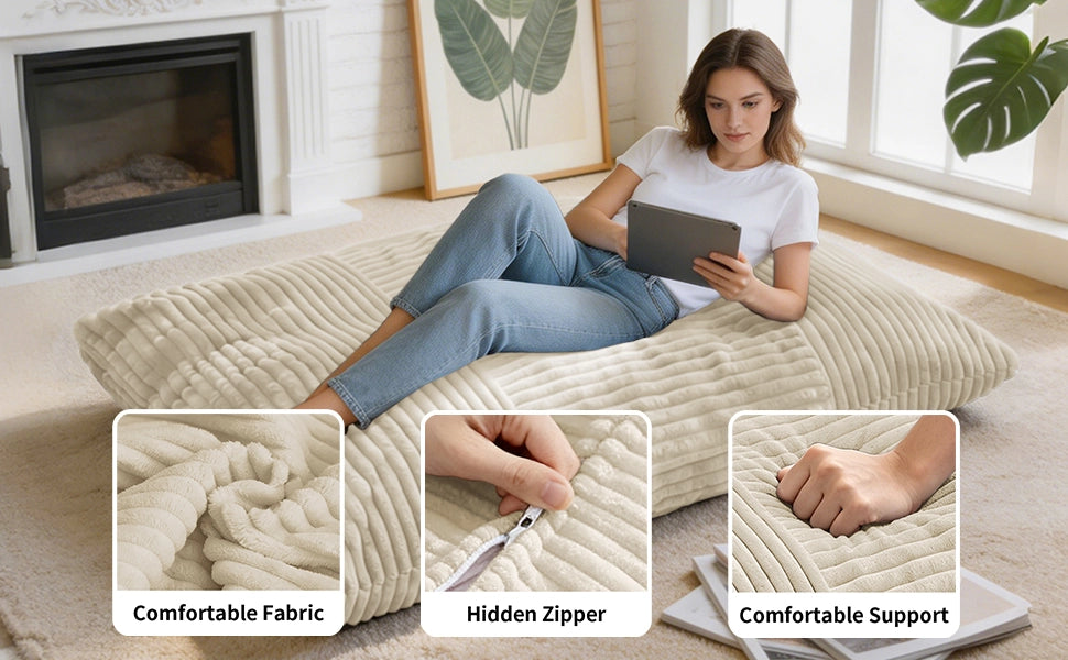 Pouf convertibile 3 in 1 con funzione sedia divano e letto senza montaggio in velluto a coste morbido bianco