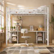 Letto a soppalco 90 × 200 cm con scrivania e scaffali in metallo e MDF bianco con scala laterale e barriera