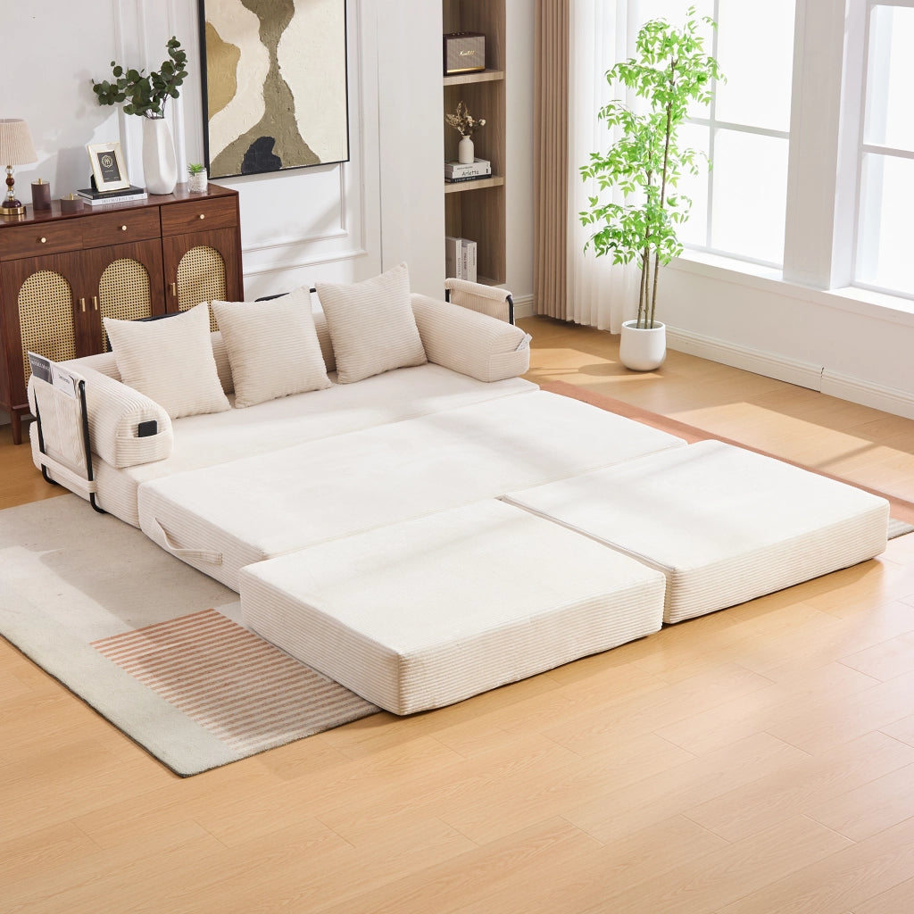 DIVANO modulare in velluto a coste 200x190x67 cm beige con pouf e 3 cuscini