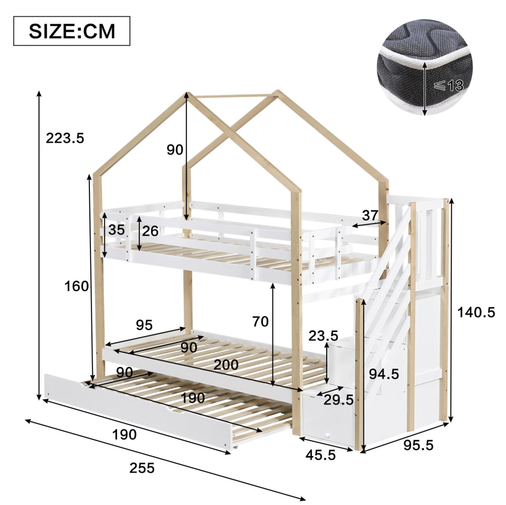 Letto a castello a casetta con letto estraibile; scala con cassetti; 90x200/90x190 cm; bianco naturale