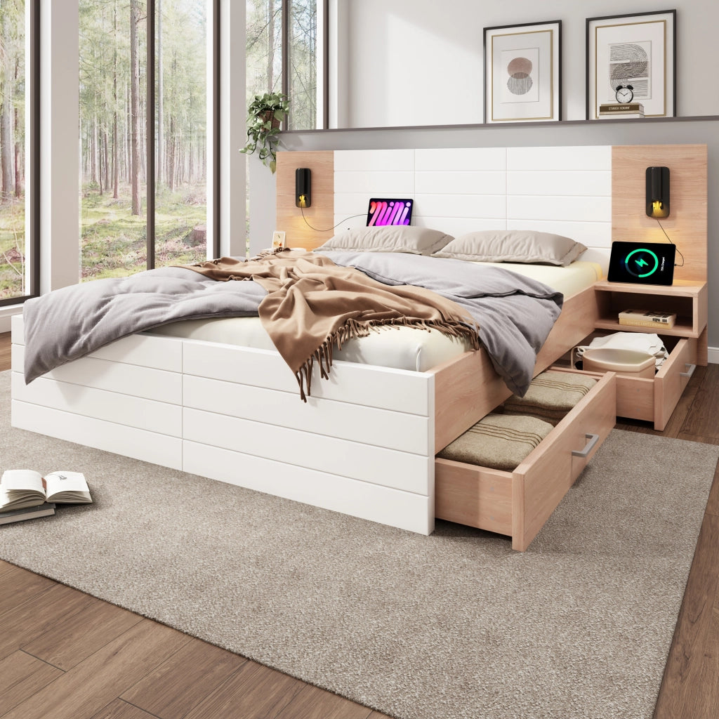 Letto matrimoniale 160x200 cm con 2 cassetti, luce lettura, USB e rete a doghe, bianco/rovere