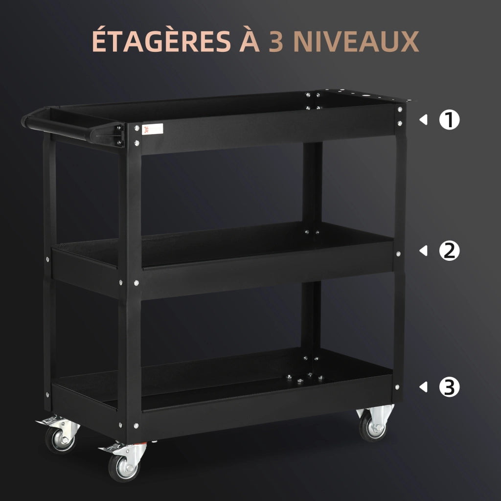 Carrello da lavoro con 3 ripiani e ruote ¨C Zephmum ¨C Nero, acciaio, 83x35.3x76 cm
