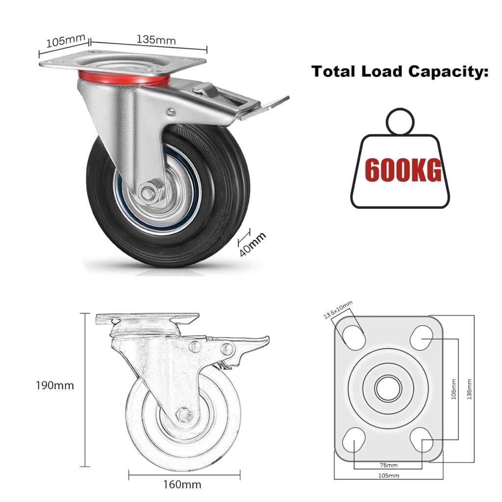 Confezione da 4 Ruote per Carichi Pesanti, Rotelle Girevoli da 160 mm con Freno, Fino a 600 kg, Rotelle per Pallet, Ruotabili a 360°, Nessuna Rumorosità (2 Rotelle con Freno, 2 Rotelle Girevoli)