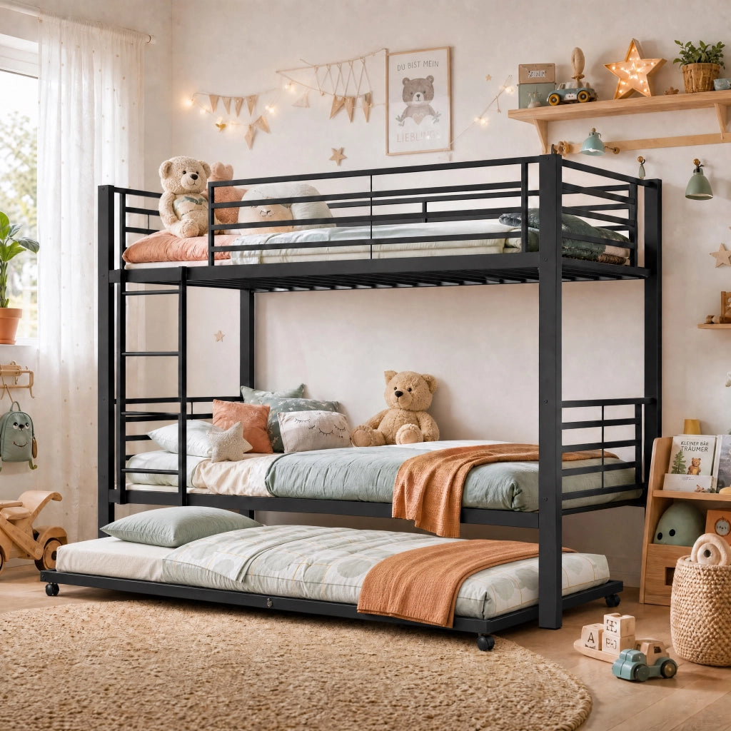 Letto a castello 90x200 cm con letto estraibile in metallo nero