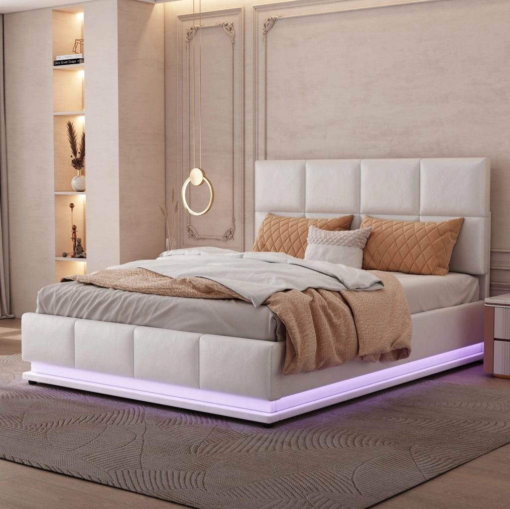 Letto imbottito 140x200 cm con LED, contenitore e struttura sollevabile