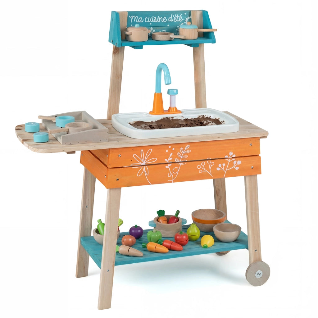 Set cucina da gioco per bambini esterno legno lavandino rimovibile griglia-Cucina giocattolo manopole girevoli rubinetto circolazione 3+ anni