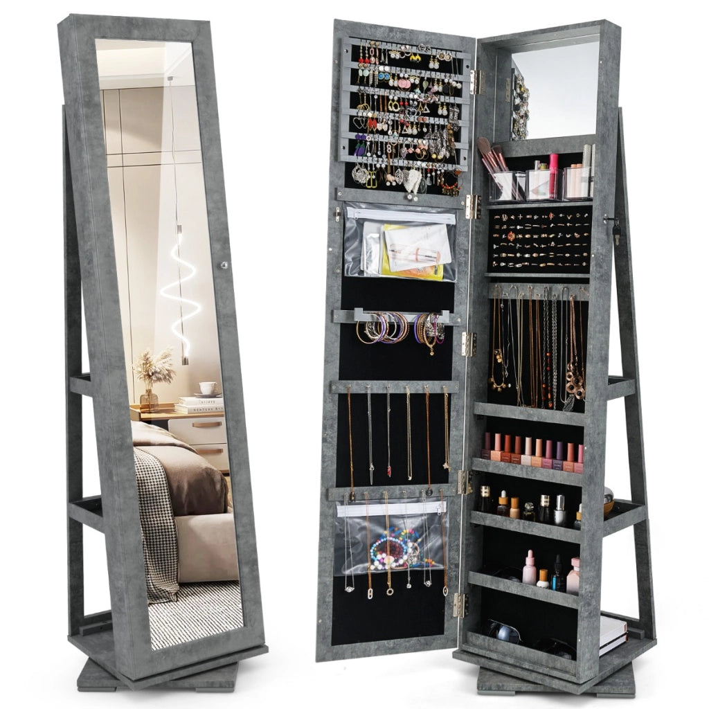 Armadio portagioielli girevole a 360¡ã con specchio, Organizer gioielli 2 in 1 a figura intera Grigio-Armadietti per gioielli