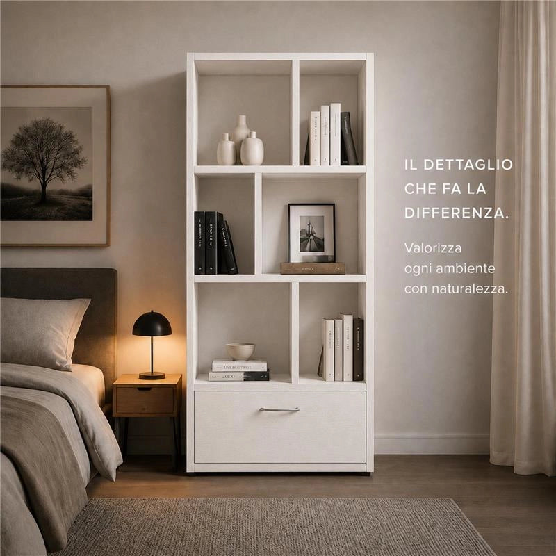 LIBRERIA IN LEGNO BIANCO MODERNA CON 6 RIPIANI SFALSATI E UN CASSETTO DIMENSIONI 70X24X140 CM