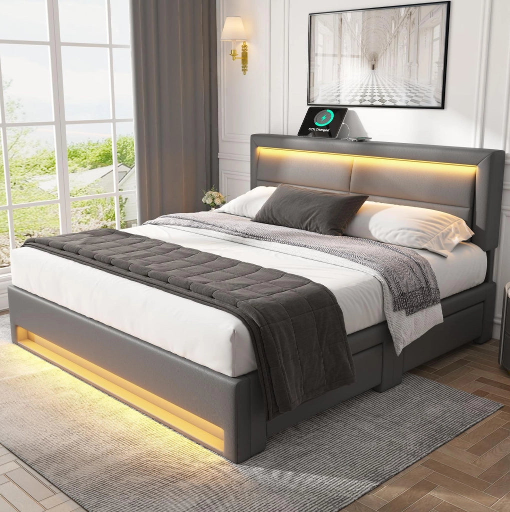 Letto imbottito matrimoniale 140x190 cm con USB; LED e 4 cassetti; grigio; in PU