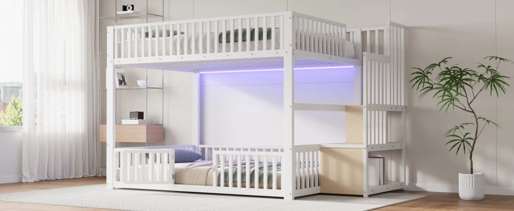 DESMIU Letto a castello 140 × 200 cm 2 posti con LED, scala contenitore, senza materasso, in MDF e metallo, bianco