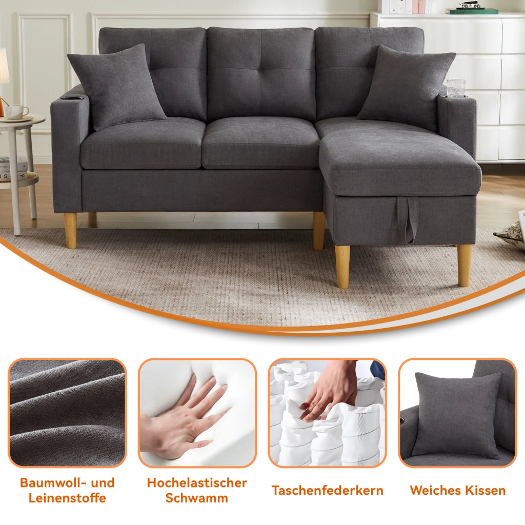 DIVANO angolare con chaise longue 175x129x90 cm grigio scuro in cotone e lino, con contenitore