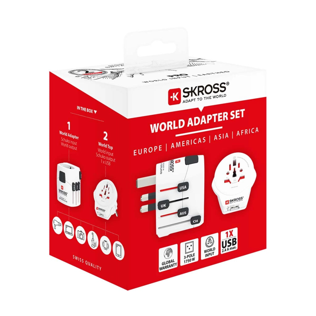 Adattatore da viaggio mondiale a 3 poli con porta USB 12W 2,4A Bianco Skross