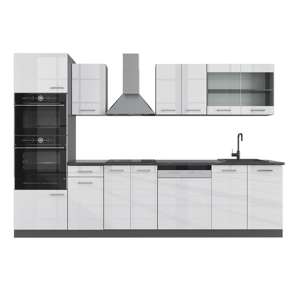 Vicco Cucina componibile Bianco lucido/antracite 300 cm con armadio alto, PL Antracite