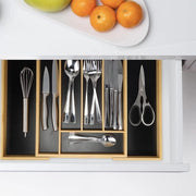 Organizzatore per pentole e posate, ripiegabile, 5 a 7 cassette, contenitore per posate, legno di bambù e MDF, cassa per posate, naturale/nero
