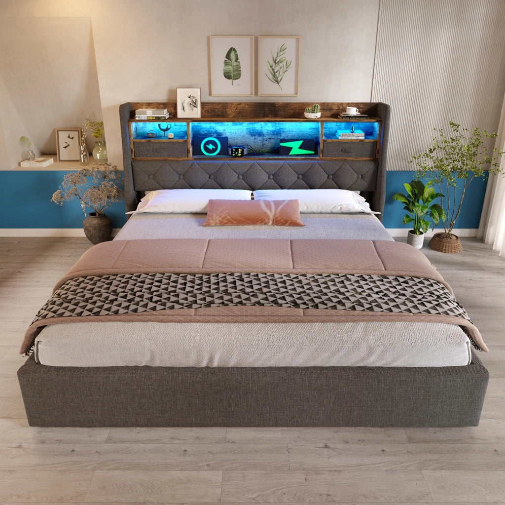 Letto contenitore imbottito 140x200 cm con LED; USB/Type-C e materasso; grigio
