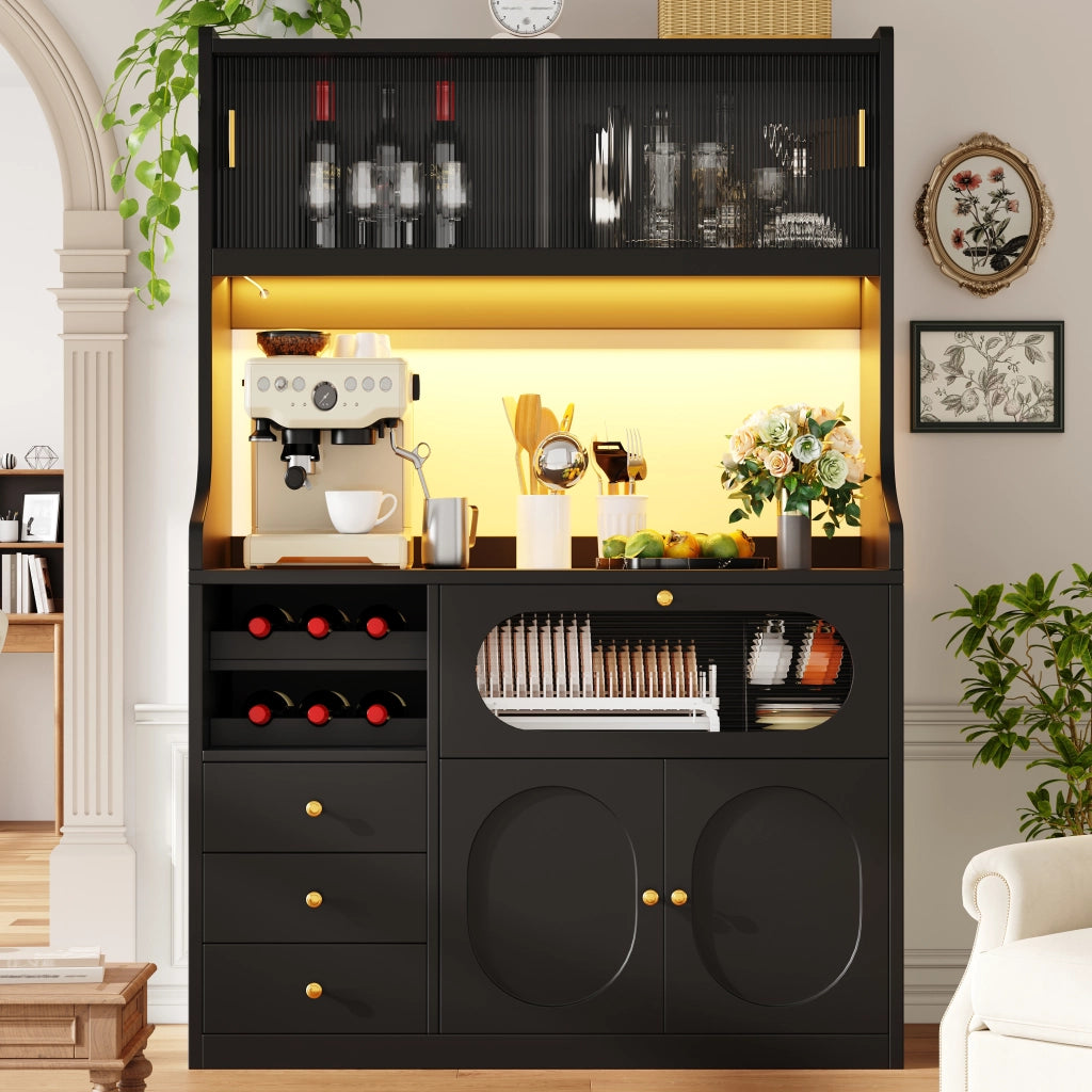 Credenza alta con vetrina, 3 cassetti, portabottiglie e ante a ribalta, per cucina e pranzo, nero, 120 × 40 × 180 cm