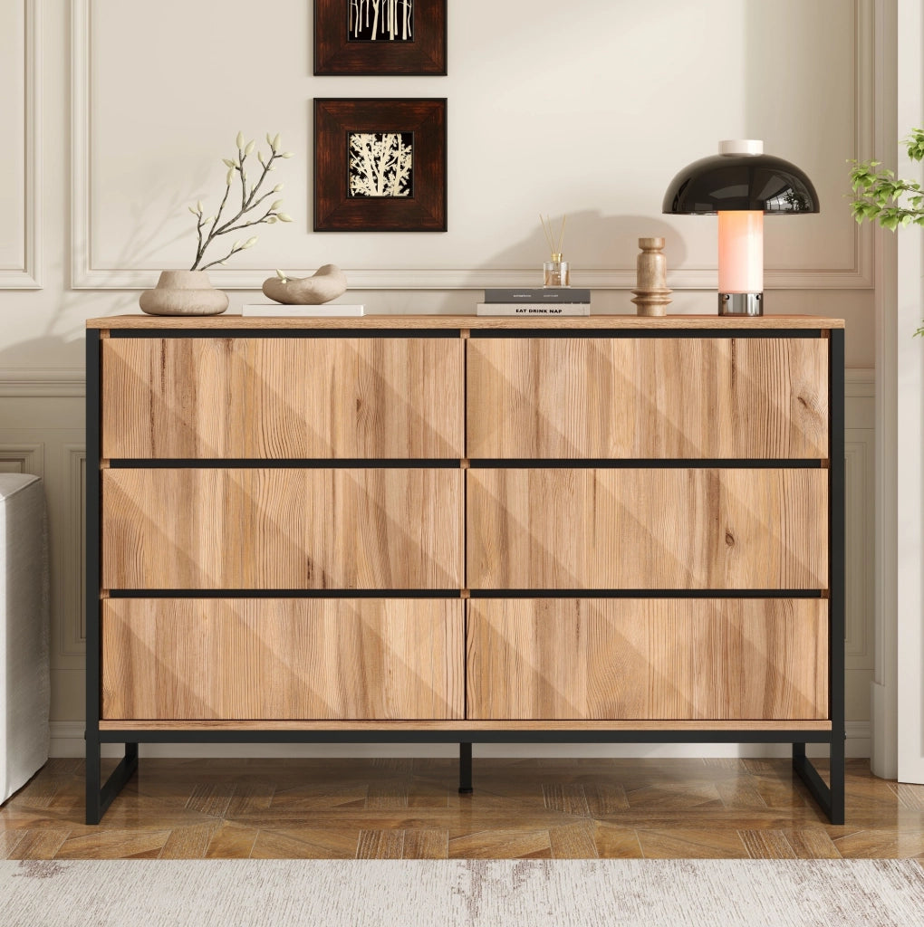 Credenza con 6 cassetti 120x40x80 cm in truciolare e MDF; nero e naturale