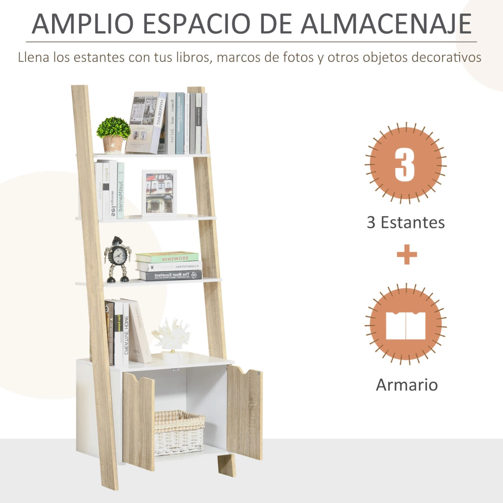 Libreria a scala con 3 ripiani e armadietto ¨C zephmum ¨C rovere e bianco 60x40x171