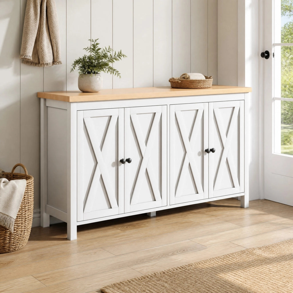 Credenza bianca 140x40x78 cm con 4 ante, 2 ripiani regolabili, struttura in MDF, portata 30 kg, stile moderno