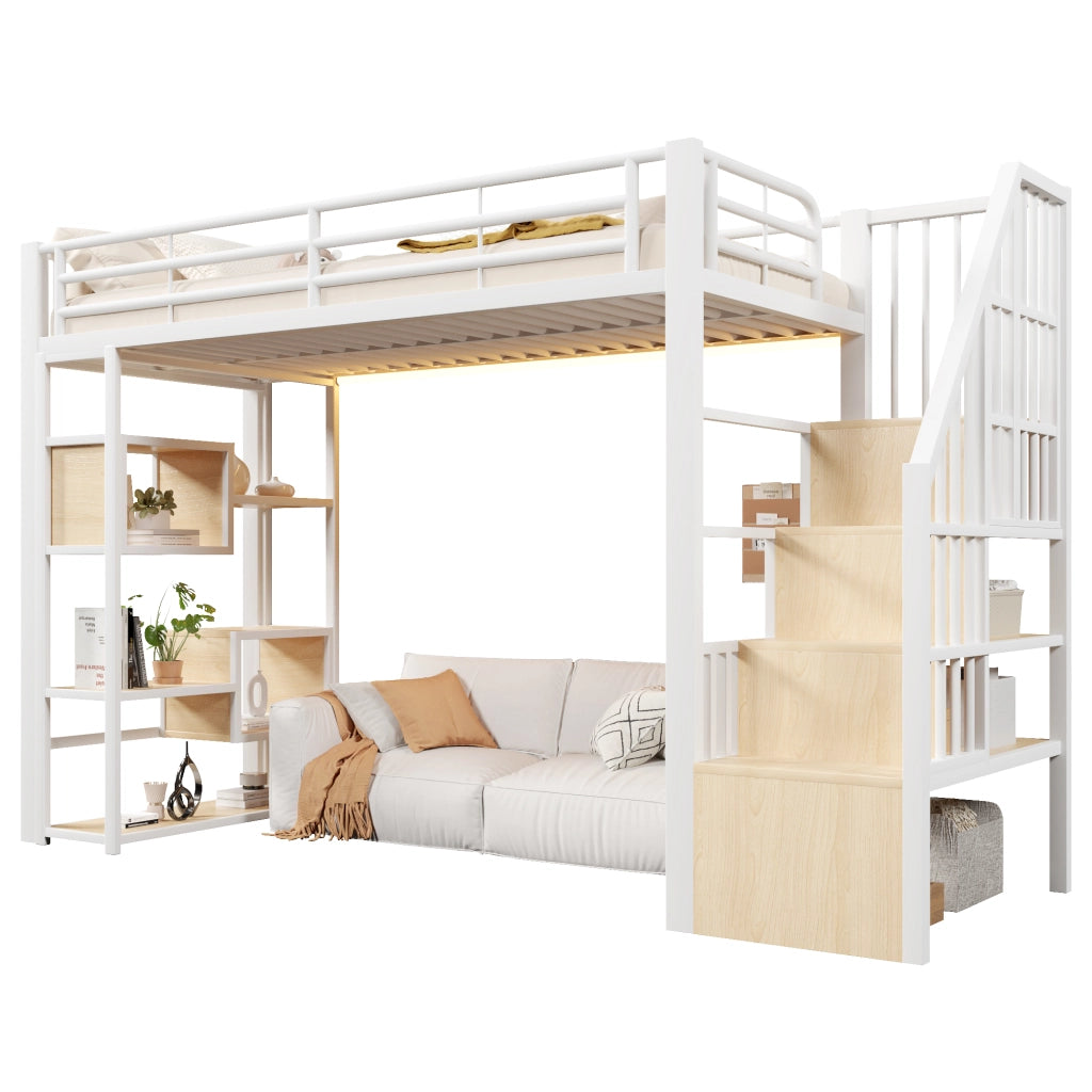 Letto a soppalco 90x200 cm con spazio libero sottostante; LED; ripiano; gradini integrati e parapetto; metallo bianco