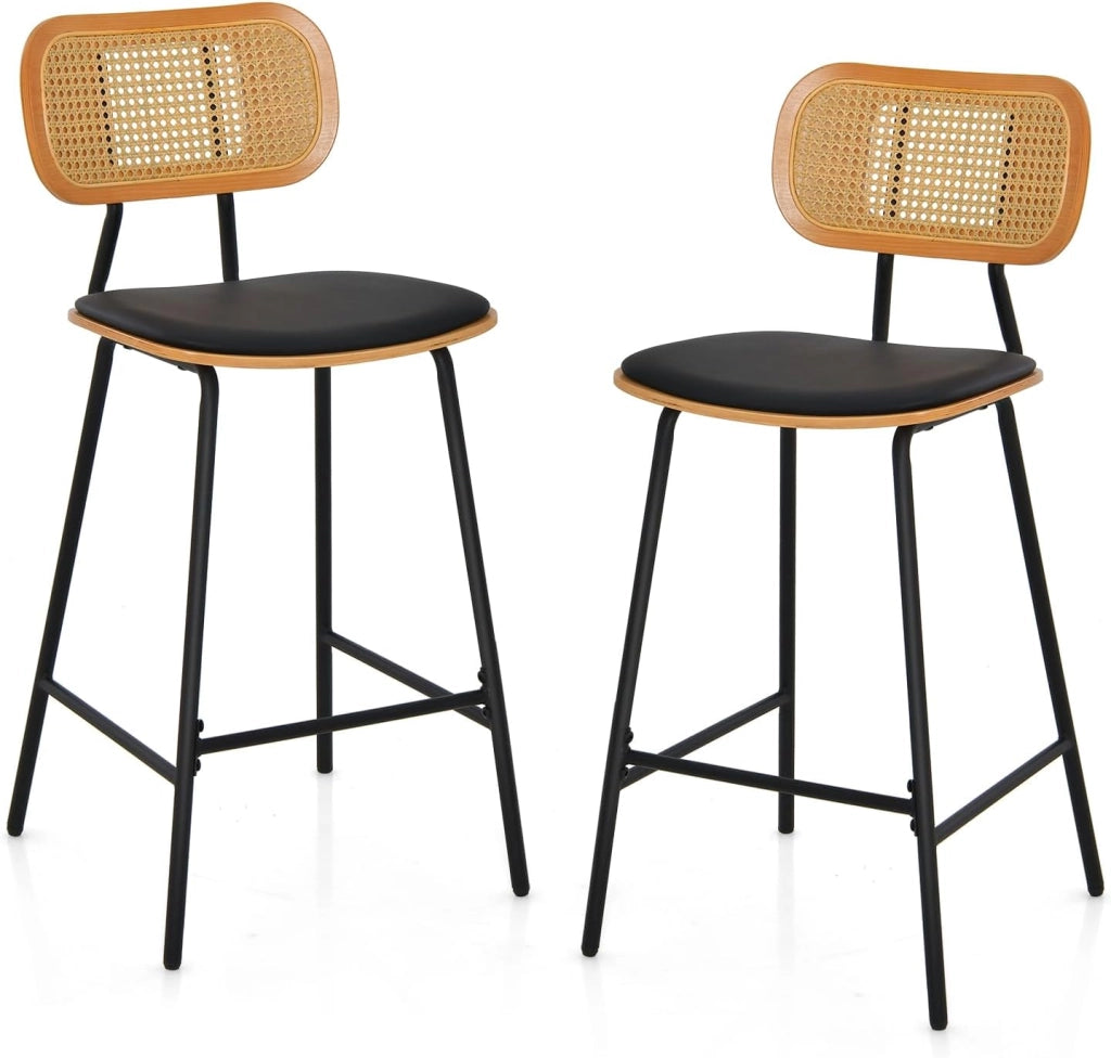 Set di 2 sgabelli da bar, sedia da bar con schienale in rattan, gambe in metallo, sedie da pranzo con seduta curva imbottita e poggiapiedi a 3 lati, per cucina, soggiorno