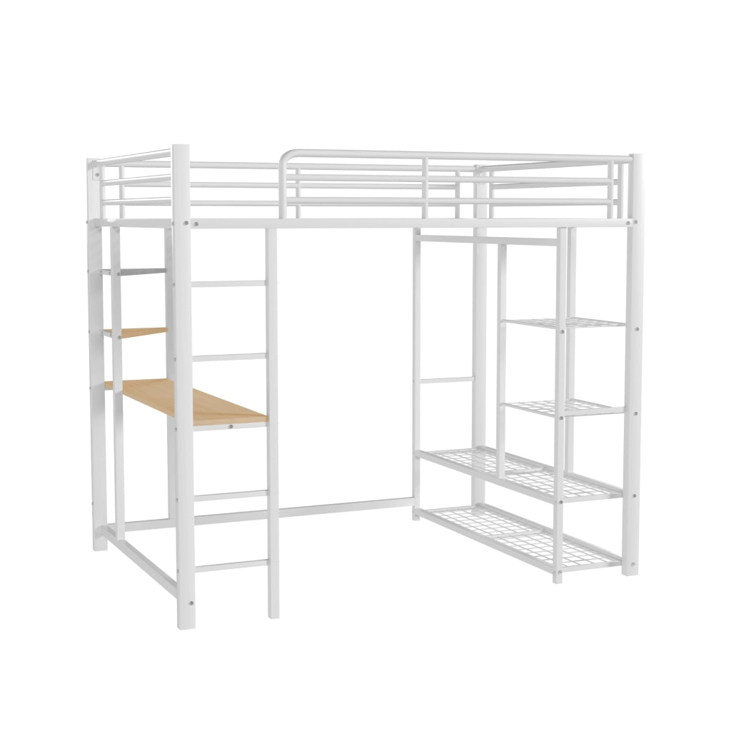 Letto a soppalco matrimoniale 140×200 cm con scala; tavolo; ripiani e armadio; senza materasso; metallo; bianco