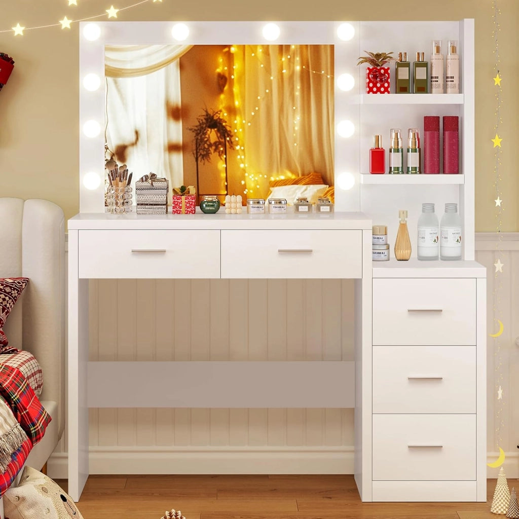 110cm Toeletta Trucco con Luci a Luminosità Regolabile, Grande Specchio, Postazione Trucco con 5 Cassetto e, 2 Ripiani Aperti, Moderno, Bianco