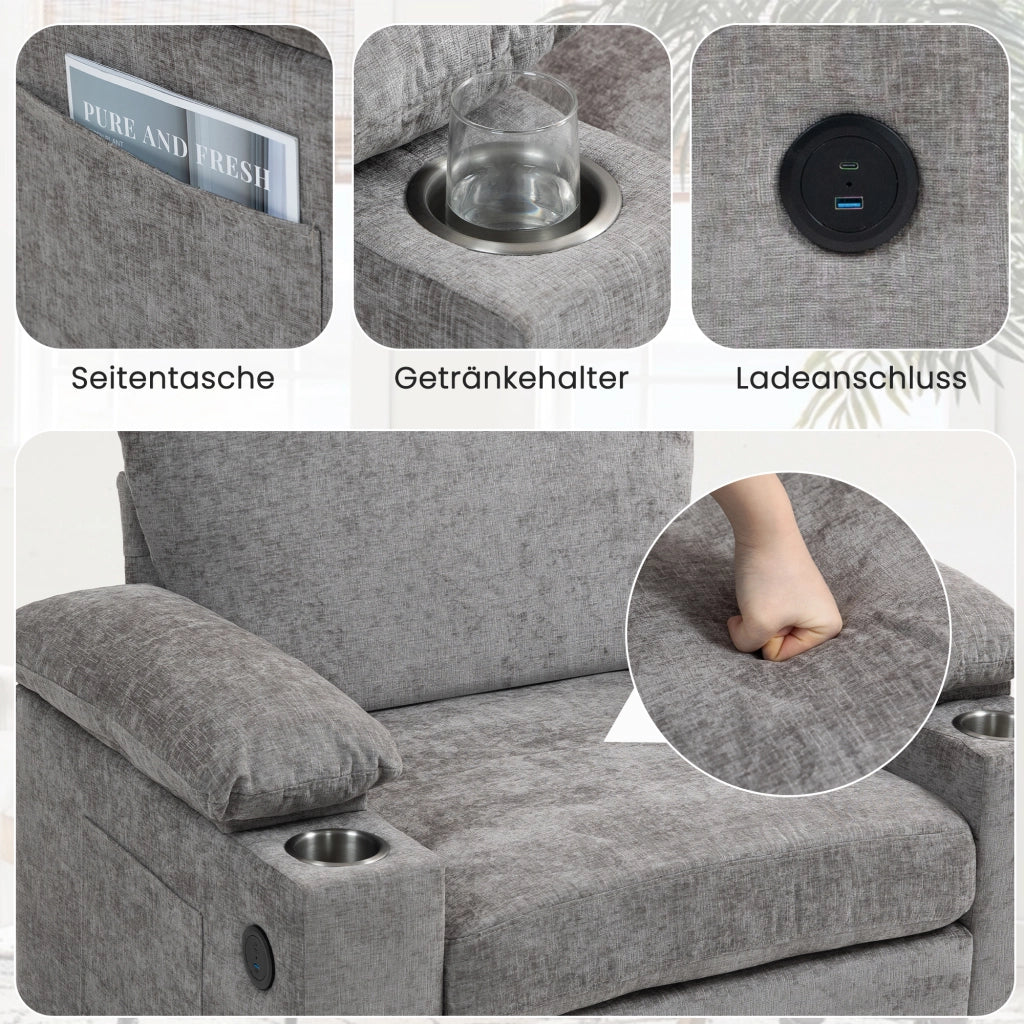 Chaise longue in ciniglia con portabicchieri, vano contenitore nei braccioli e supporto ergonomico grigio