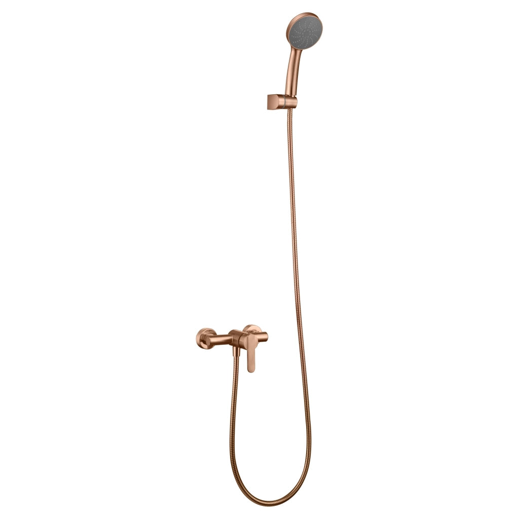IMEX Set doccia Roma miscelatore doccia in ottone con tubo flessibile metallico 180 cm supporto doccetta ABS maniglia rotonda cartuccia ceramica Ø35 mm finitura PVD oro rosa spazzolato Imex-BDR001