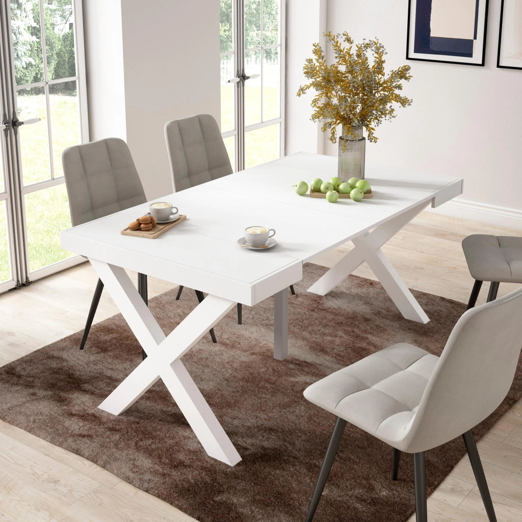 Consolle allungabile, 58 fino 160x90x73cm, Per 8 persone, Gambe in legno, Bianco RF2734