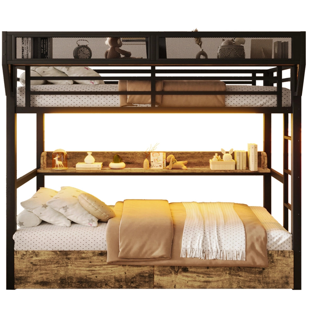 Letto a castello 204x113x176.5 cm con LED integrato; 2 cassetti e struttura in metallo; nero