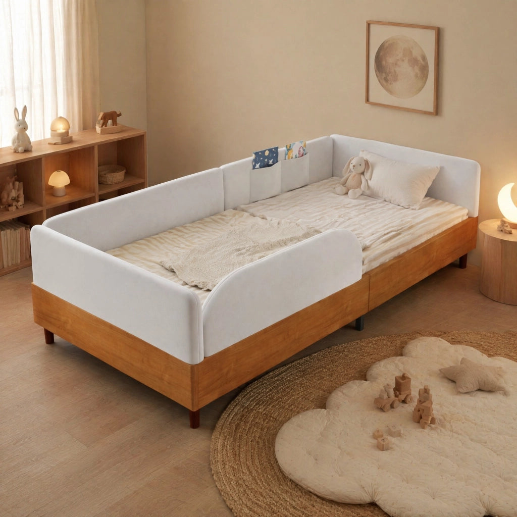 Letto singolo imbottito per bambini 90×200 cm in velluto bianco con 2 tasche
