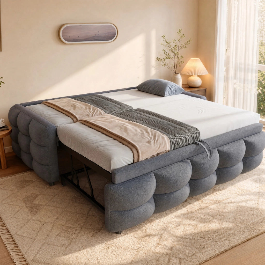 Letto imbottito estraibile 90/180x190 cm in tessuto Teddy grigio con rete a doghe