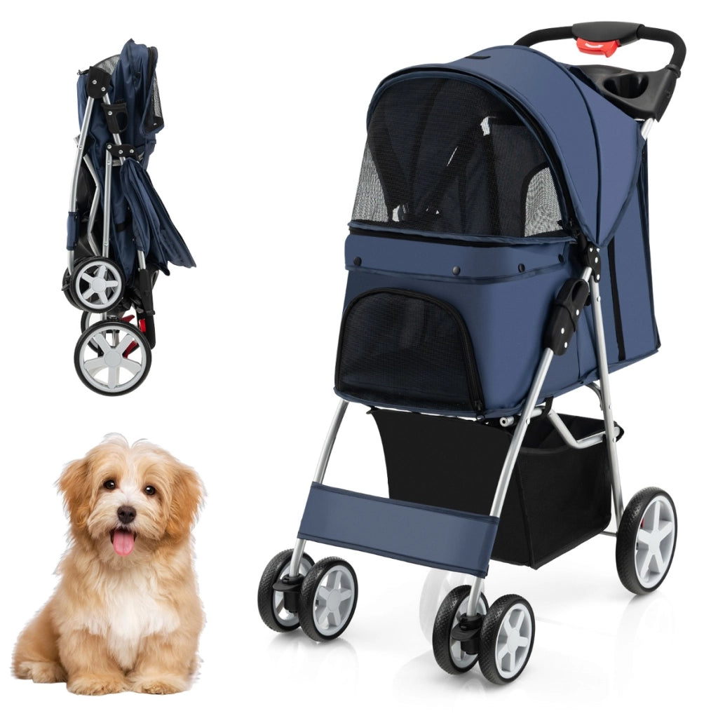 Passeggino per animali domestici a 4 ruote con cestino portaoggetti, Trasportino da viaggio portatile Blu scuro-Giochi e accessori per cani