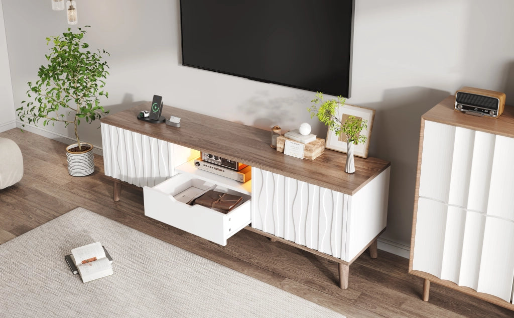Cassettiera per TV bianca e noce scuro in MDF e truciolare; lunghezza 160 cm
