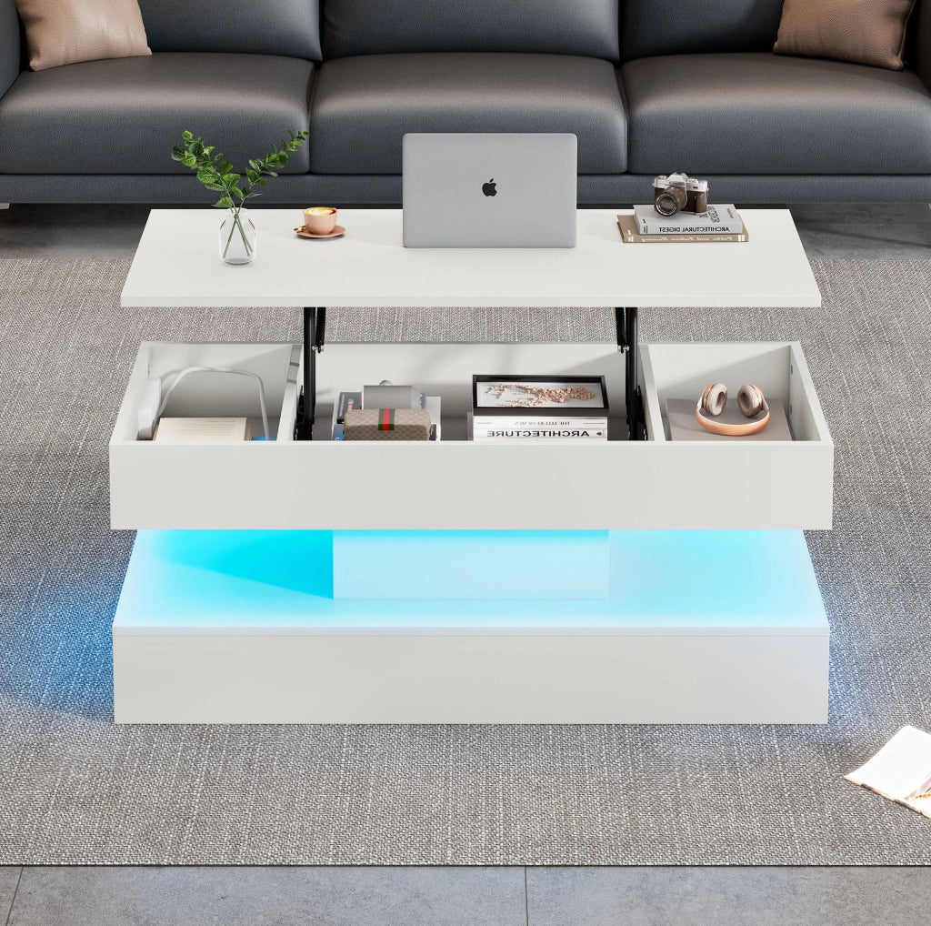 Tavolino da caffè 100x50x42 cm con piano sollevabile; LED e vano nascosto in truciolato bianco