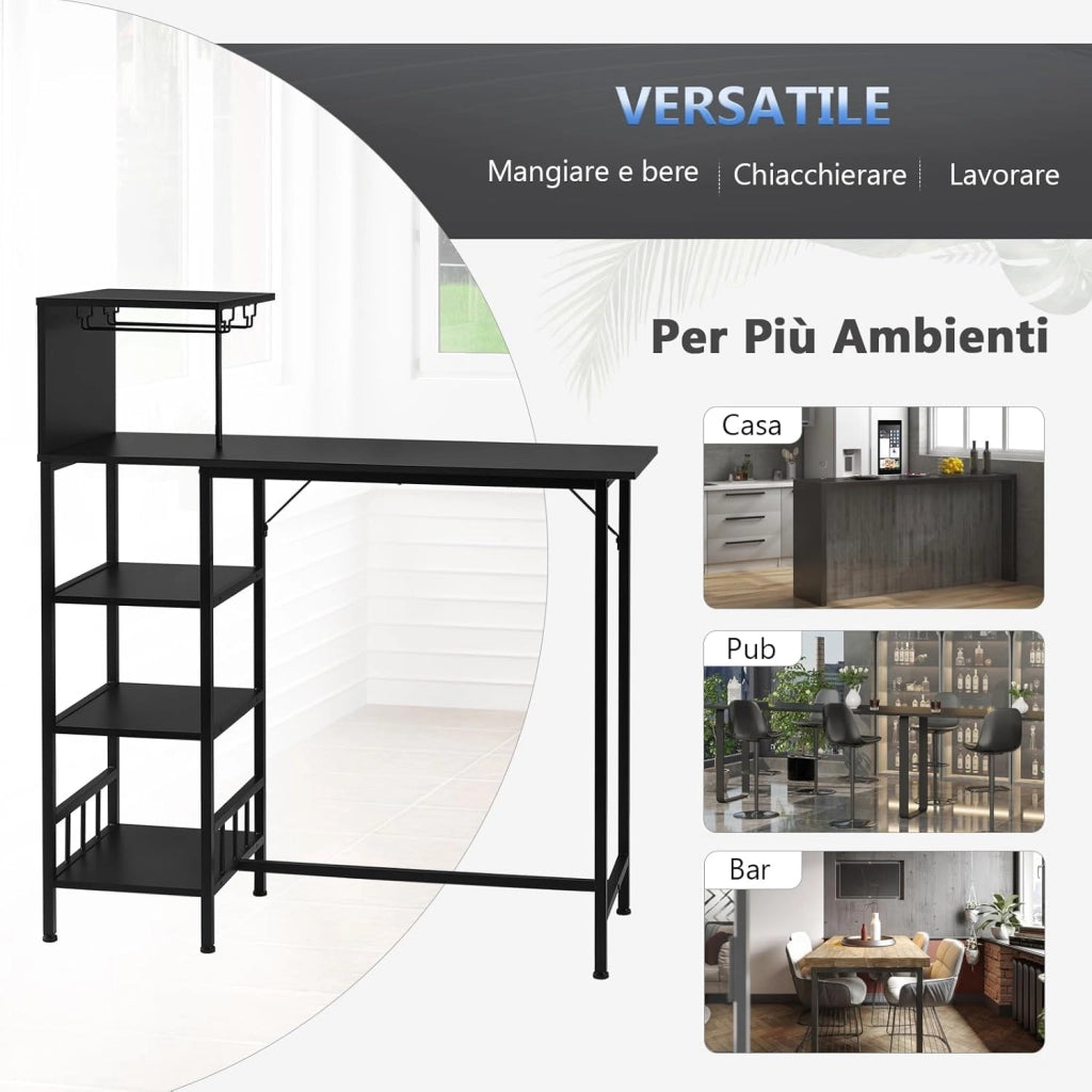 Tavolo da Bar con 4 Ripiani, Tavolo Alto con 2 Portabicchieri, Mobile da Bar per Bistrot, Pub, Studio, Ufficio, Piano Nero e Telaio in Metallo Nero