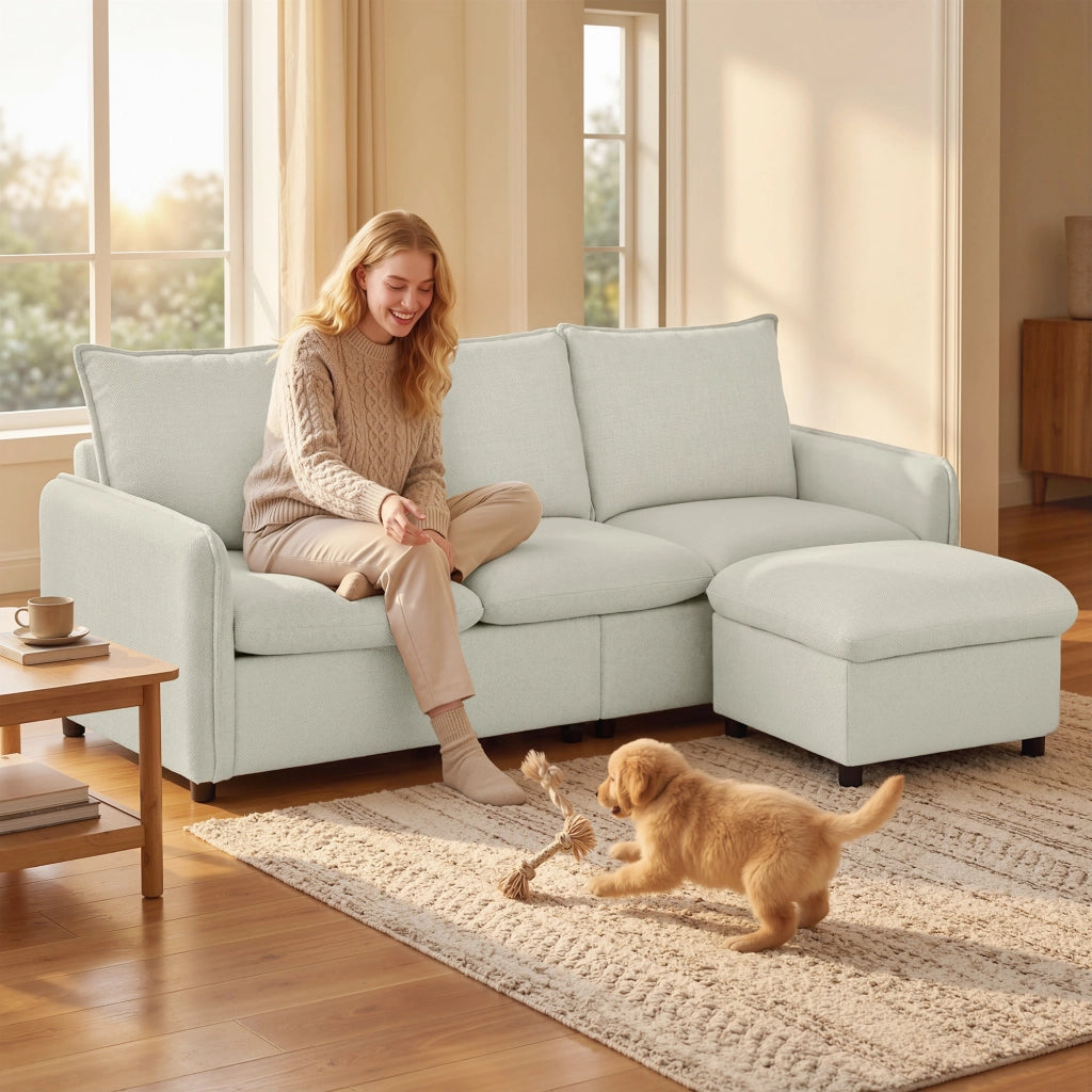 Divano Angolare 3 Posti con Pouf Contenitore ¨C Zephmum ¨C Tessuto Lino, Cr¨¨ma, 212 cm