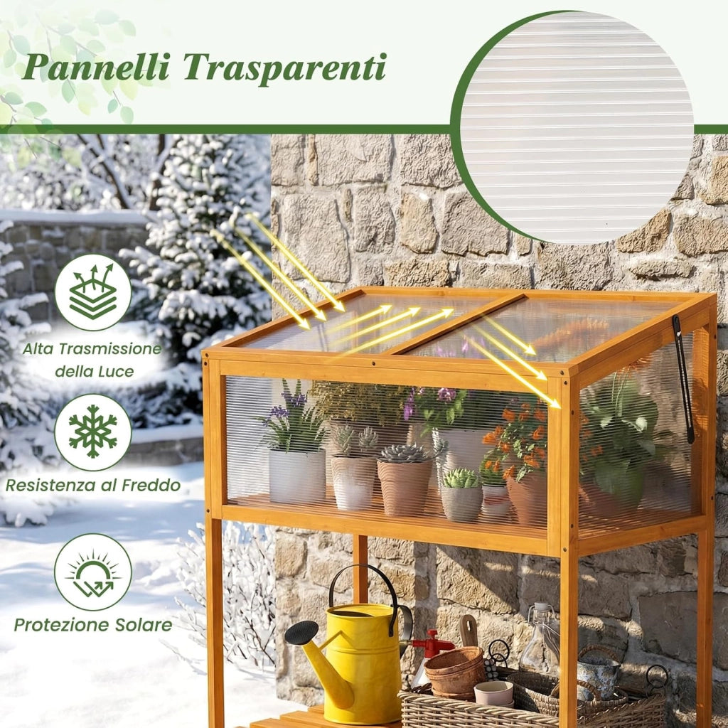 Mini Serra in Legno con Tetto Trasparente Apribile e Mensola a Doghe, Mini Serra Salvaspazio da Interno ed Esterno per Giardino, Veranda e Balcone, 90 x 50,5 x 105 cm