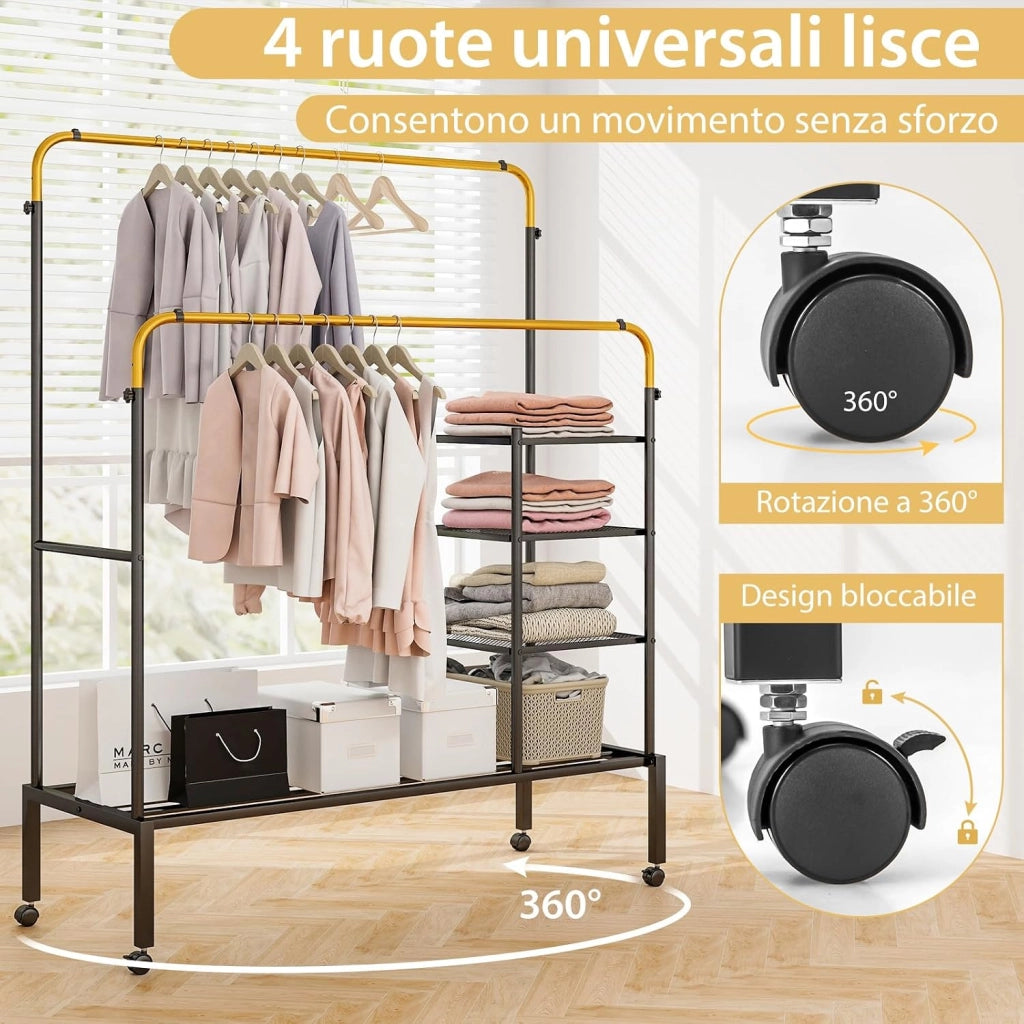 Stand Appendiabiti a Doppia Asta, con Barre Regolabili Ripiani per Riporre Ruote Bloccabili e Scarpiera, Appendiabiti in Acciaio, 135x54x167 cm, Carico 100kg (Nero+Oro)