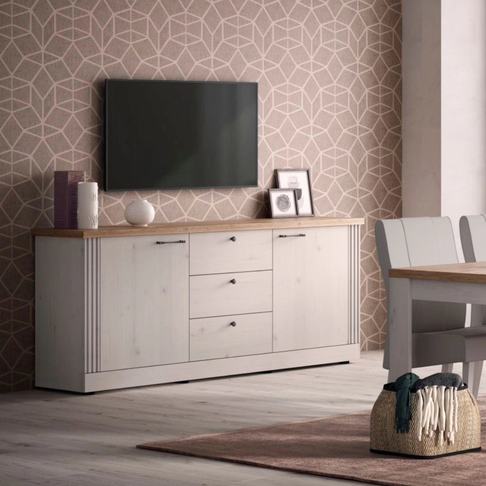 Madia shabby Winchester 2 ante e 3 cassetti colore bianco meringa e rovere Cadiz 211x44x88H