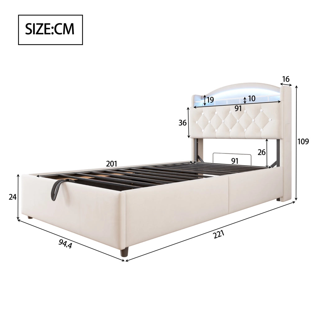 Letto imbottito per bambini 90x200 cm con LED, USB e vano contenitore beige